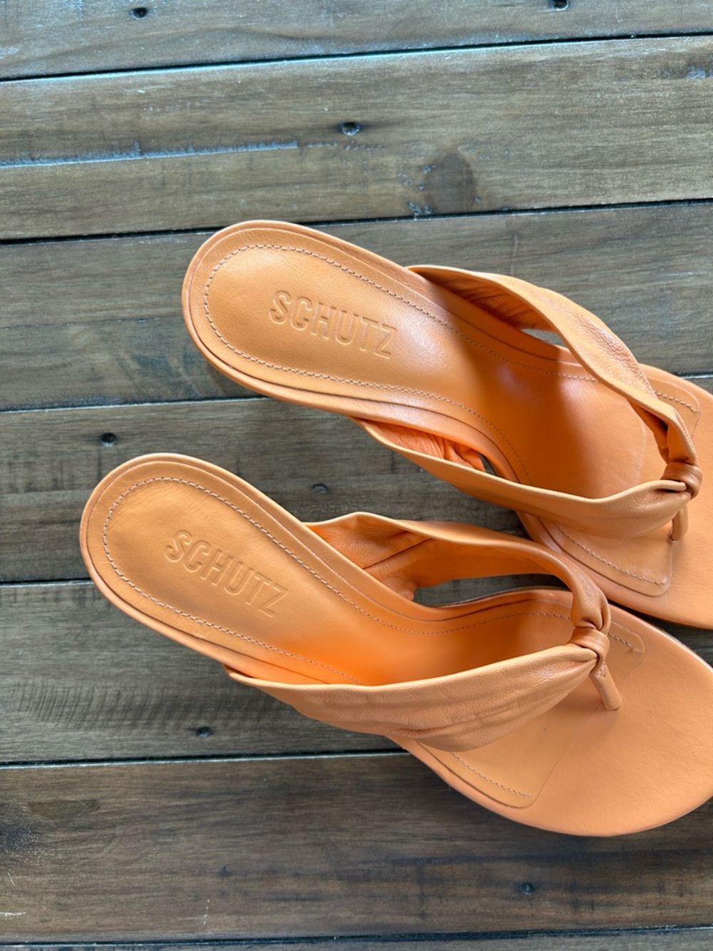 Schutz Willow Sunset Orange Leather Sandal Heels 10 - Picture 3 of 12
